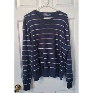 Polo Ralph Lauren Navy Blue w/White‎ Stripes Crewneck Pima Cotton Sweater Men XL